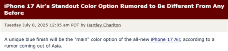 iPhone 17 Air新淡雅蓝色配色曝光，或接替远峰蓝成为主打色调