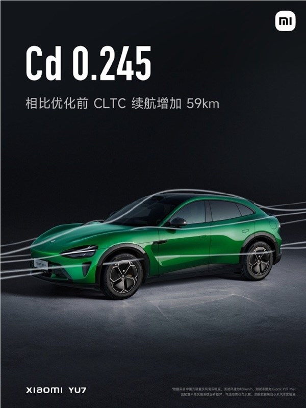 小米YU7入门版强劲续航：835km超长里程，40+风阻优化设计，额外增加59公里行程